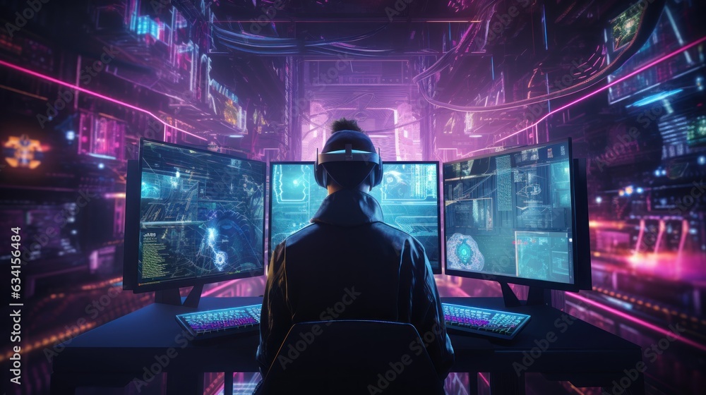 Poster visualize a skilled cyberpunk hacker operating within a futuristic landscape, surrounded by holograp