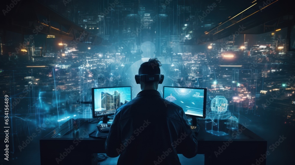Poster visualize a skilled cyberpunk hacker operating within a futuristic landscape, surrounded by holograp