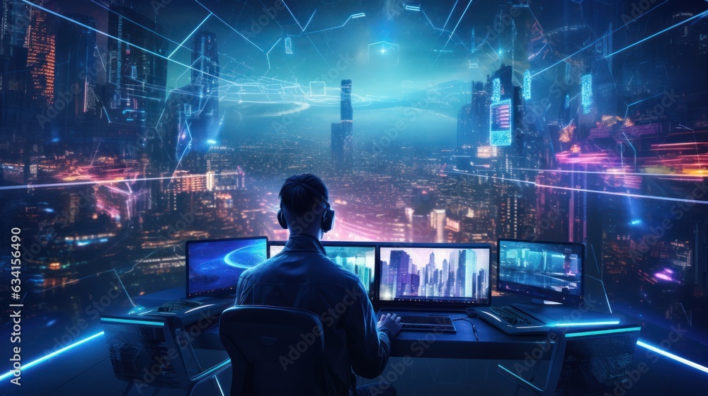 Poster visualize a skilled cyberpunk hacker operating within a futuristic landscape, surrounded by holograp