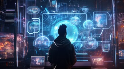 Fototapeta na wymiar Visualize a skilled cyberpunk hacker operating within a futuristic landscape, surrounded by holographic interfaces, intricate code, and immersive virtual reality components