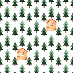 Obraz premium Hand drawn watercolor little lonely toy house in woods or pine forest, around christmas trees, decoration for wrapper, cards, winter snow party web design. New year element, isolated on background