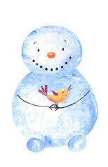 Hand drawn watercolor blue colored snowman holding little tiny bird .Isolated aquarelle christmas new year element for print cards, invitation,
