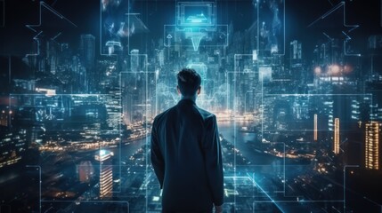 Visualize a skilled cyberpunk hacker operating within a futuristic landscape, surrounded by holographic interfaces, intricate code, and immersive virtual reality components - obrazy, fototapety, plakaty