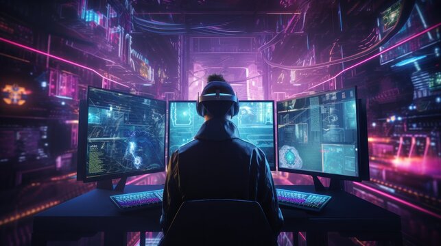 Visualize a skilled cyberpunk hacker operating within a futuristic landscape, surrounded by holographic interfaces, intricate code, and immersive virtual reality components