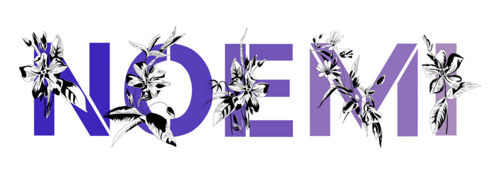 Woman's name Noemi. Font composition named NOEMI. Decorative floral font. Typography in the style of art nouveau, modern, vintage.