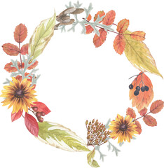 Bright round frame of plant elements. Autumn flowers berries and leaves watercolor in vintage style.