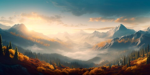 Fototapeta na wymiar panoramic illustration of a misty autumn morning in the mountains, with golden trees and a glimpse of distant peaks. Generative Ai