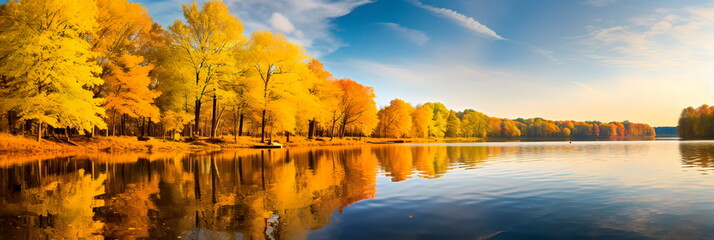panoramic view of a serene autumnal lake surrounded by golden-hued trees and reflected in the calm waters. Generative Ai