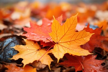 Naklejka na ściany i meble Autumn leaves, Fall season flora background. Red maple leaf close up