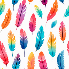 Colorful feathers on the white background seamless pattern watercolor illustration