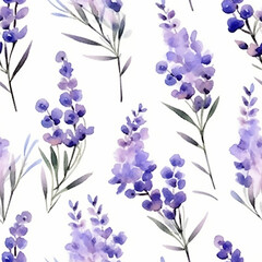Lavender violet flowers seamless pattern watercolor texture cute illustration print