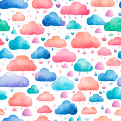 Rainy colorful clouds seamless patterns watercolor texture  cute illustration