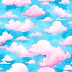 Pink colorful clouds on the blue sky seamless patterns watercolor texture  cute illustration