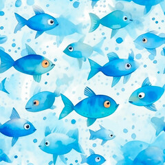 Blue cute fishes seamless pattern watercolor texture  sea life illustration