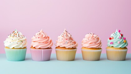banner with colorful cupcakes on isolated pink background