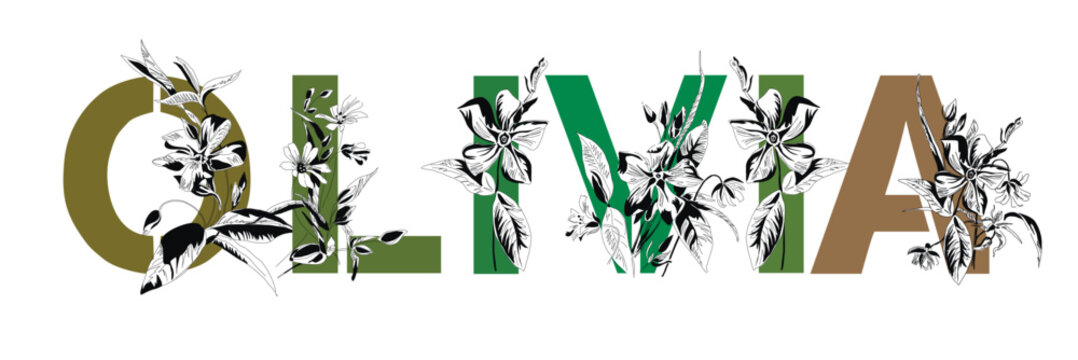 Woman's name Olivia. Font composition named OLIVIA. Decorative floral font. Typography in the style of art nouveau, modern, vintage.