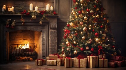 Naklejka na ściany i meble christmas tree with gifts and decorations near the fireplace