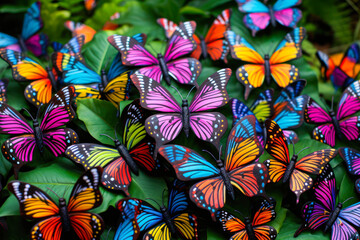 Colorful butterflies, wood carvings, background
