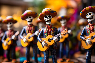 Day of the Dead mariachi musician skeleton figurines playing guitar, calavera, Mexican folk art, wood carving, close up - Powered by Adobe