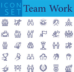 Set of Teamwork line icons set. Teamwork outline icons with editable stroke collection. Includes Team, Cooperation, Vision, Motivation, Success, and More.	