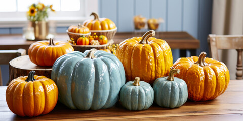 Pumpkins, fall autumn interior home decor, seasonal decoration, trendy, wide