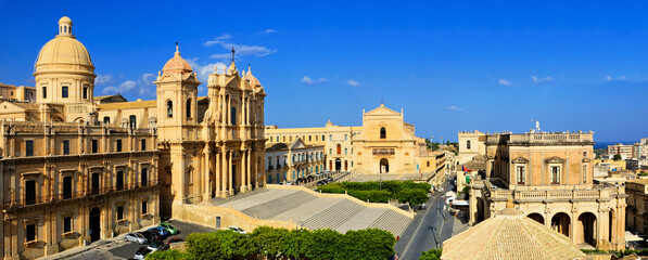 Panoramic view over the Baroque town of Noto with cathedral, Sicily, Italy