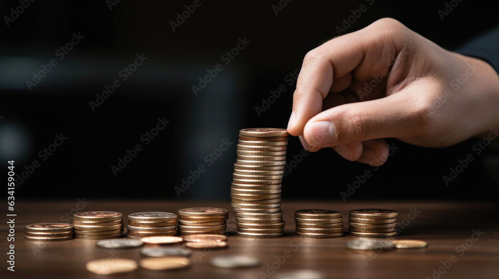 Poster mhand put coins to stack of coins on dark background. created with generative ai technology.