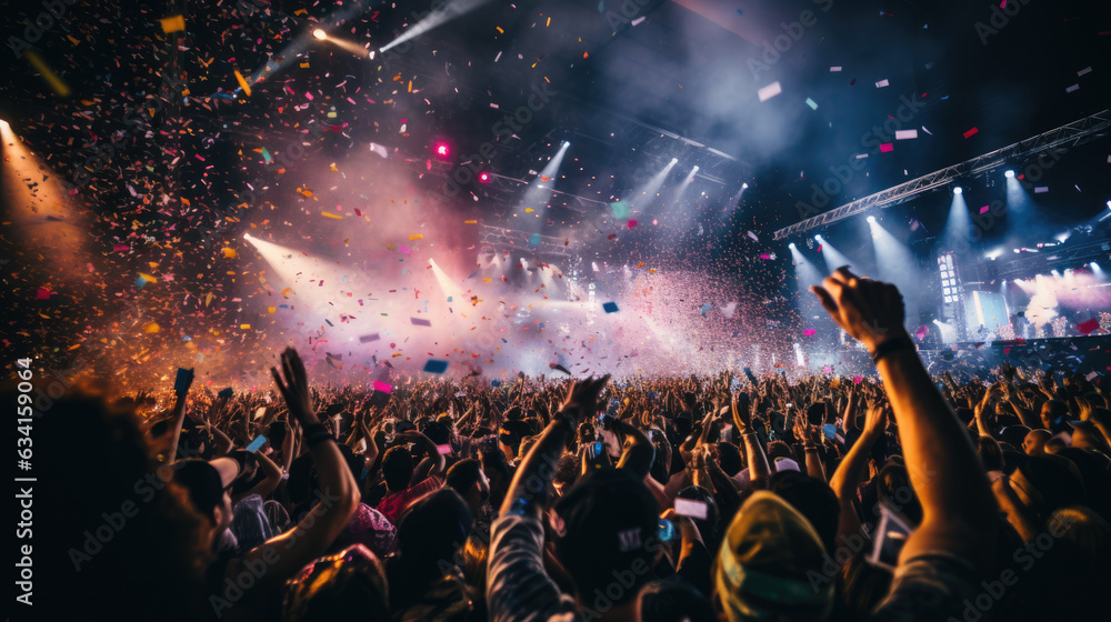 Poster cheering crowd at concert in front of bright lights. created with generative ai technology.