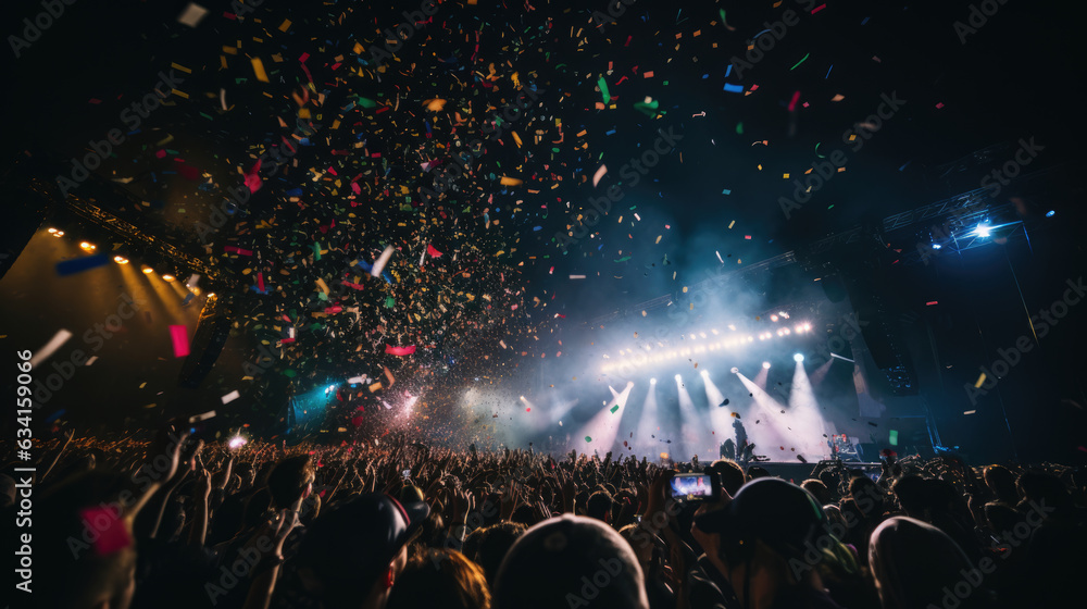 Poster cheering crowd at concert in front of bright lights. created with generative ai technology.