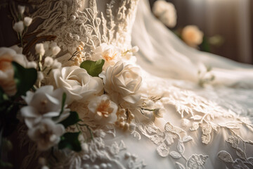 Close up of elegant flower embroidery on wedding dress