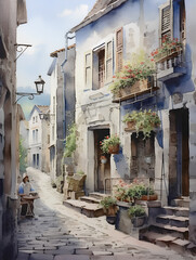 Obraz premium Background with watercolor town and buildings. AI
