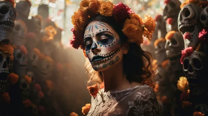 Gordijnen Beautiful woman with sugar skull makeup in a mexican cemetery. © Анастасия Козырева