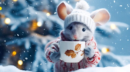 A cute little mouse in a knitted hat drinks cocoa in a snowy forest against the backdrop of color lights and a festively decorated forest with firs.Generative AI