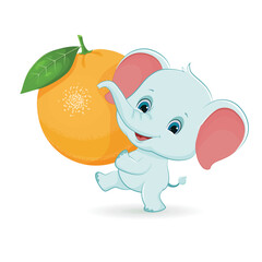 Adorable cartoon elephant with orange.Isolayted illustration on white background.Vector illustration