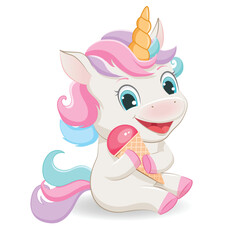 Adorable cartoon unicorn with ice cream.Isolayted illustration on white background.Vector illustration