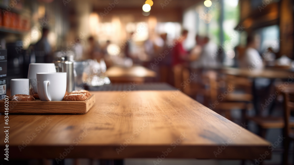 Aufkleber coffee table in the background of a blurred coffee shop with copy space. created with generative ai 