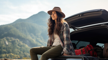 Young attractive woman sits by the car admiring a beautiful landscape on a trip. Created with Generative AI technology.