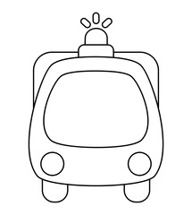 Vector black and white fire engine truck front view. Funny transportation for kids. Cute vehicle coloring page. Special transport line icon isolated on white background.