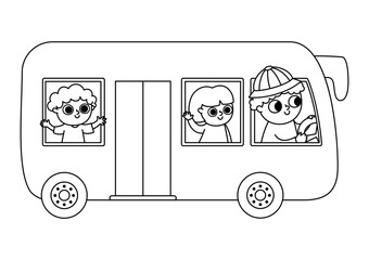 Vector black and white bus with driver and passengers. Funny line autobus for kids with cute boy and girl. Cute vehicle clip art. Public transport icon or coloring page isolated on white background. © Lexi Claus
