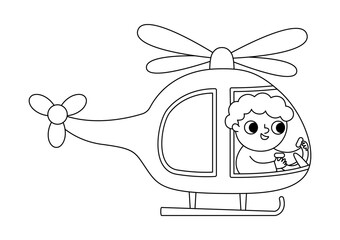 Vector black and white helicopter with pilot icon. Air transport for kids. Funny line transportation clip art for children. Cute chopper vehicle coloring page isolated on white background.