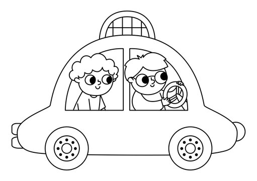 Vector black and white taxi car with driver and passenger. Funny cab for kids. Cute vehicle line clip art. Retro transport icon or coloring page isolated on white background.