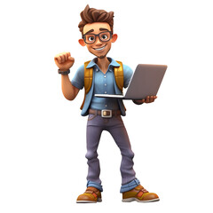 3d happy and motivated freelancer standing and holding his laptop, Confident guy doing online work through laptop, 3d freelancer character isolated on transparent background