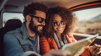 The happy couple sits in the car, looking at the map and smiling. Created with Generative AI technology.