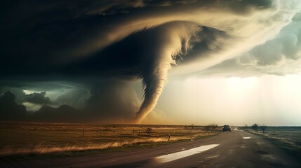 A massive tornado sweeps across the landscape, displaying the raw power and destructive force of nature. 'generative AI' 