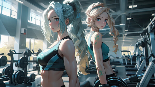 Two female friends working out in a gym togheter - Generative AI