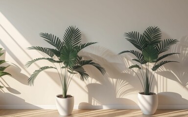 white background with wall with green palm trees and shadow