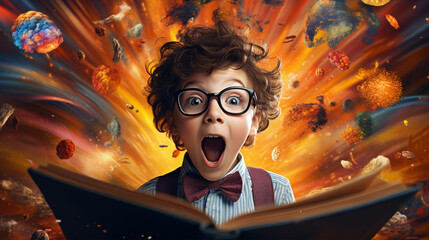 Very interesting adventure story in the book. Surprised little boy with shocked expression reading book, story isolated over colorful background. Education and imagination ad.
