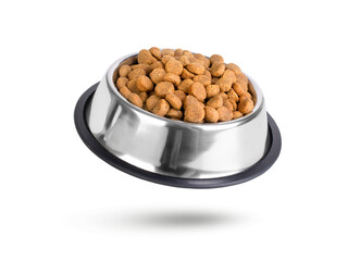 dry animal feed in an iron plate on a white background