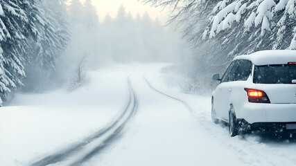 A highway covered with snow in winter, a car on the side of the road due to heavy snow, bad weather. AI generation