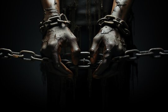 Human hands are chained, the concept of slavery, AI generation